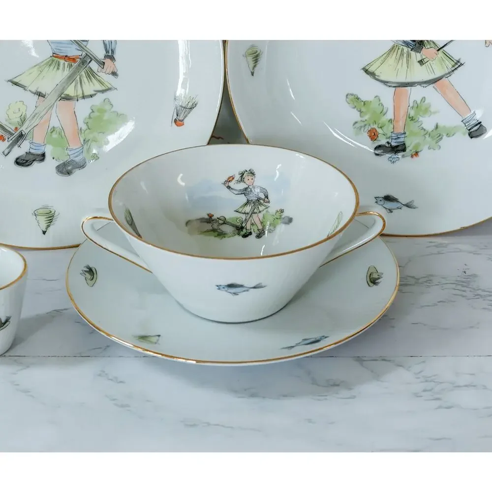 VTG 50s Seltmann Weiden Children Dinnerware Set Bowl Plate Egg Cup Girl Play MCM